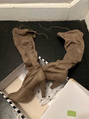 Chase + Chloe Taupe Over-the-Knee Suede Heeled Boots